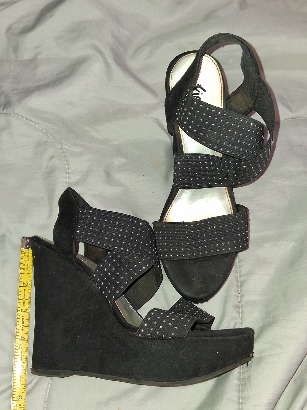 Black Wedge Sandals with Studded Straps - Women